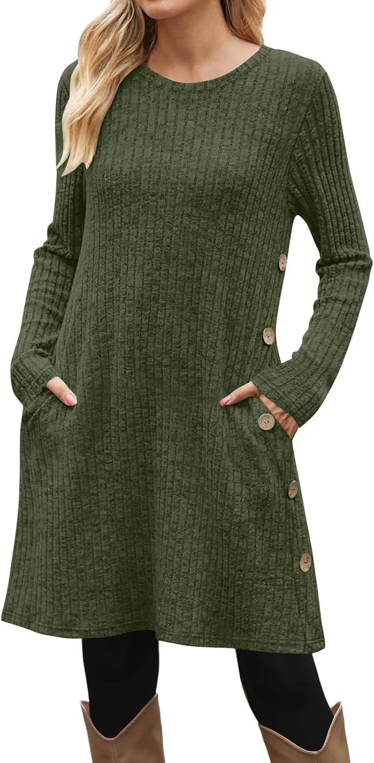 Женское платье-свитер с вязаным узором Crewneck Long Sleeve, Army Green — фото 2