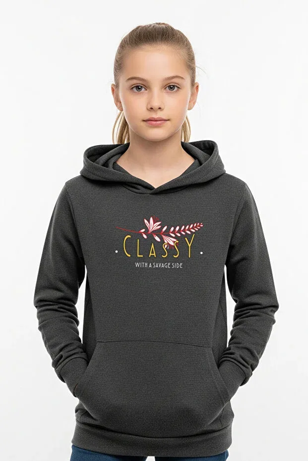 Детские свитшот для девочек с принтом Hooded kangaroo pocket glassy printed detail Ya Ko Kids, Smoke Grey