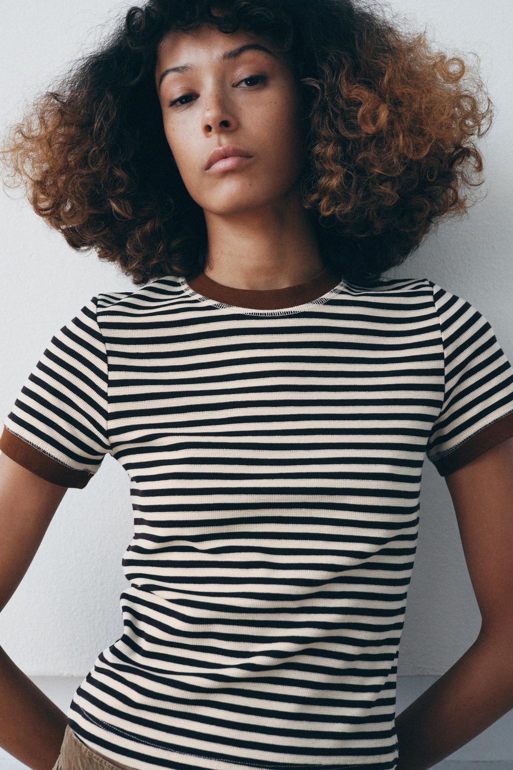 Футболка Zara Striped Short Sleeve, коричневый/белый — фото 4