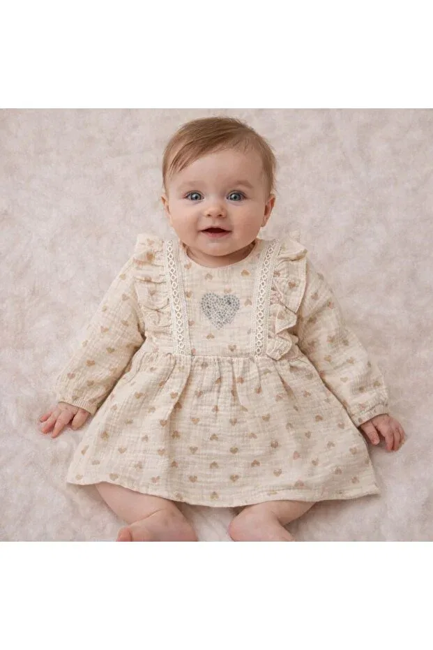 Детское платье для девочек с длинным рукавом Kalp patterned muslin baby girl dress Lil-Va Kids, Beige