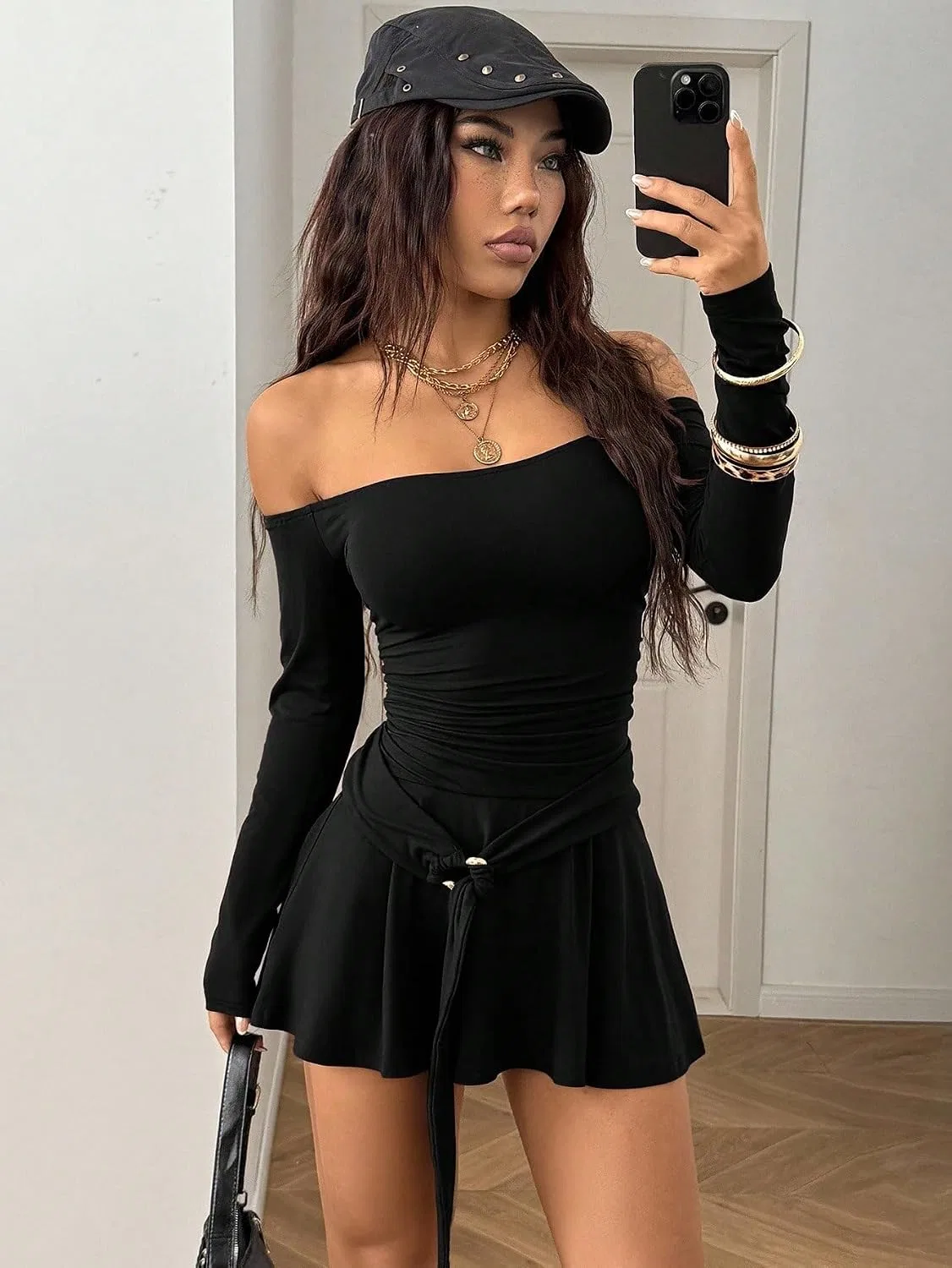 Женское летнее платье с длинным рукавом офф-плечо, Black — фото 3