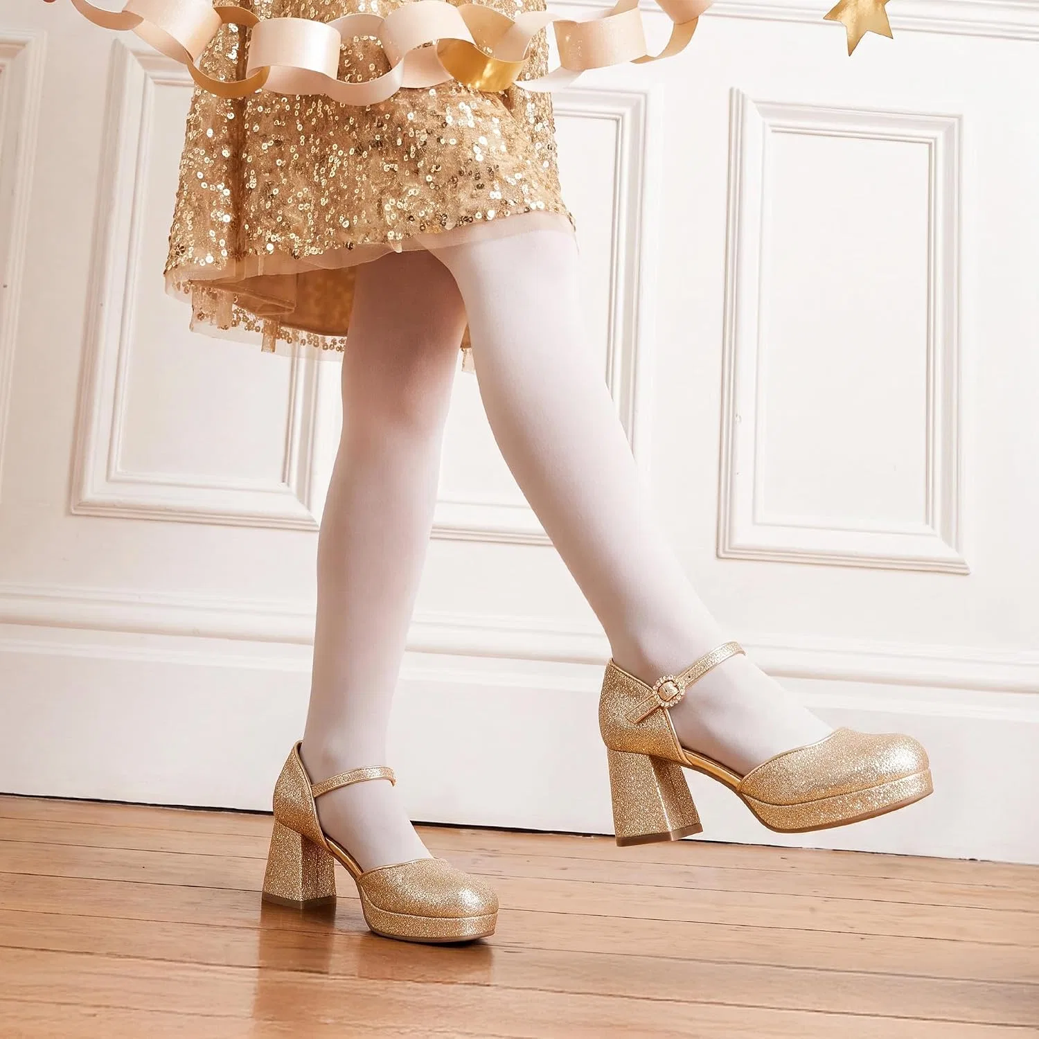 Детские туфли для девочек на платформе с цветочным принтом Flower Platform Heels DREAM PAIRS, Gold — фото 2