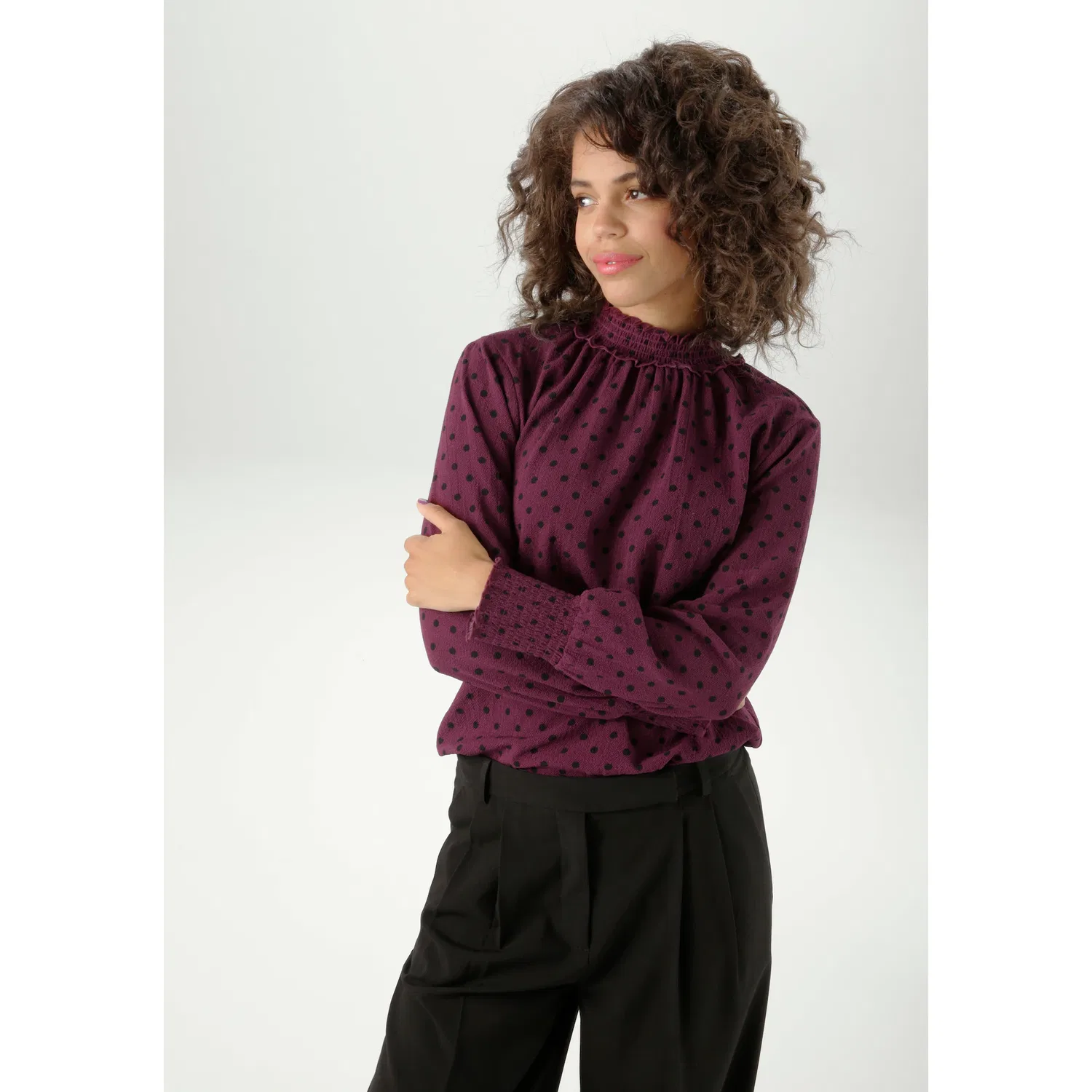 Женская блуза навылет с воротником-стойкой Aniston CASUAL, Bordeaux/Black Polka Dot