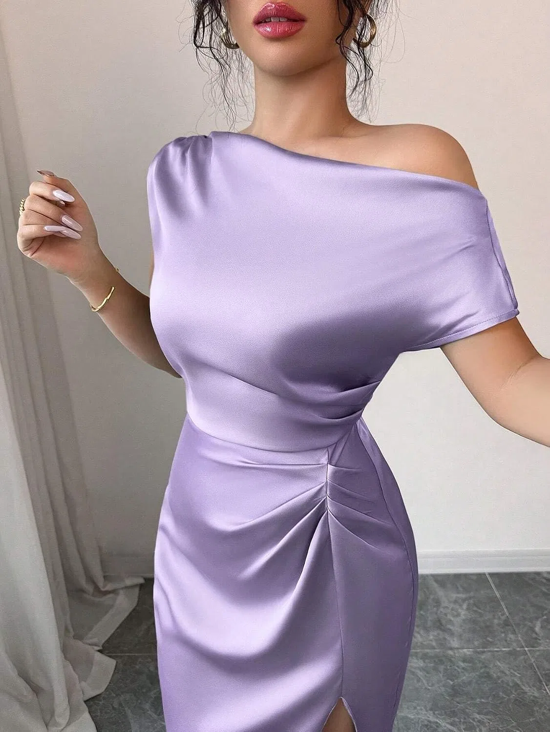 Женское элегантное миди-платье с асимметричным вырезом, Purple — фото 2