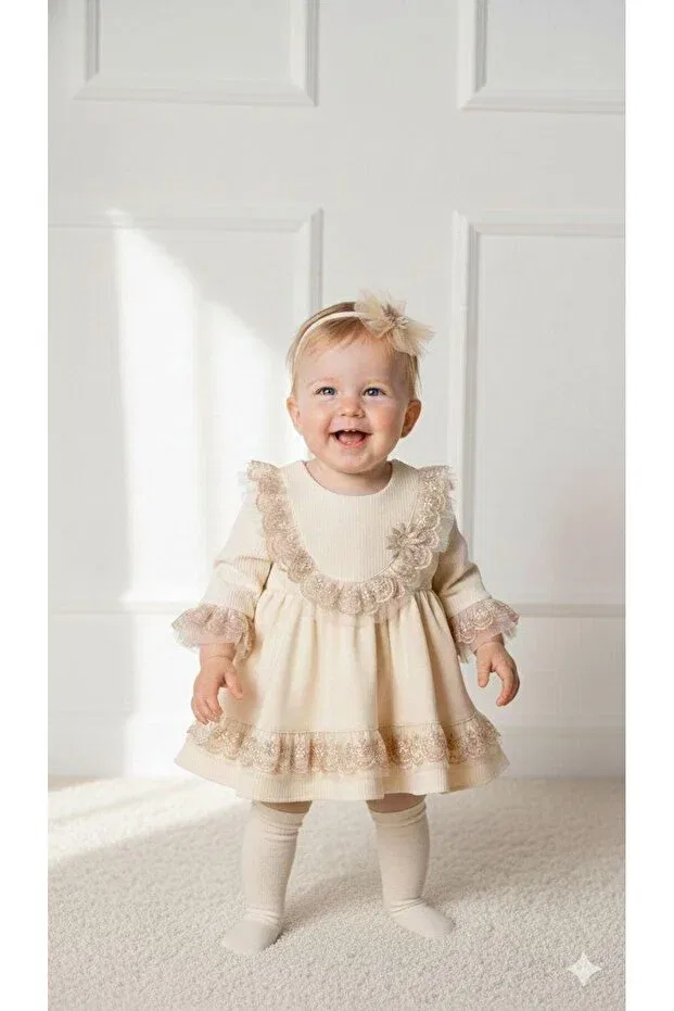 Детское платье-комплект из кружева с длинным рукавом Miniborn, Nude Color