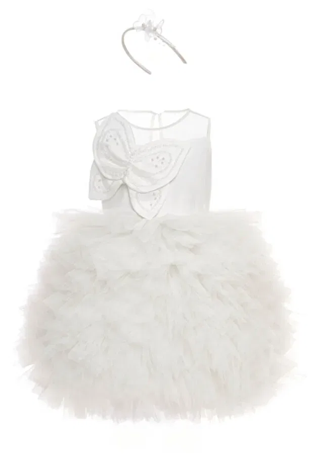 Детское платье для девочек с коротким рукавом Evening dress girls special occasion dress - layered tulle skirt & beaded bow 3-4-5-6-7 years 36016pr Pamina, Ecru — фото 2