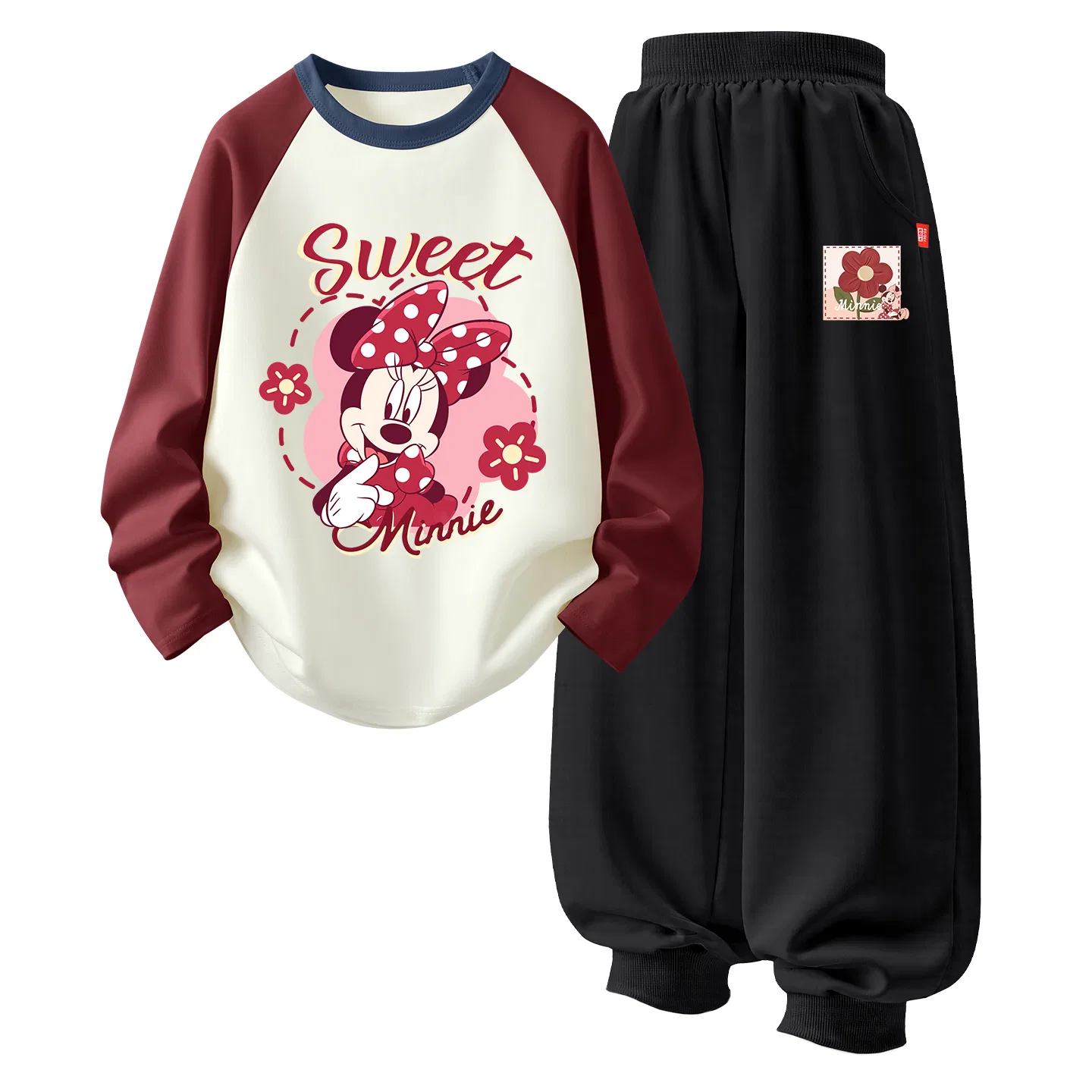 Детский спортивный комплект с принтом Crew Neck Thin Stretch Breathable Disney, Di Flower Nini Beige Red+Di Oil Paintings Flower Black