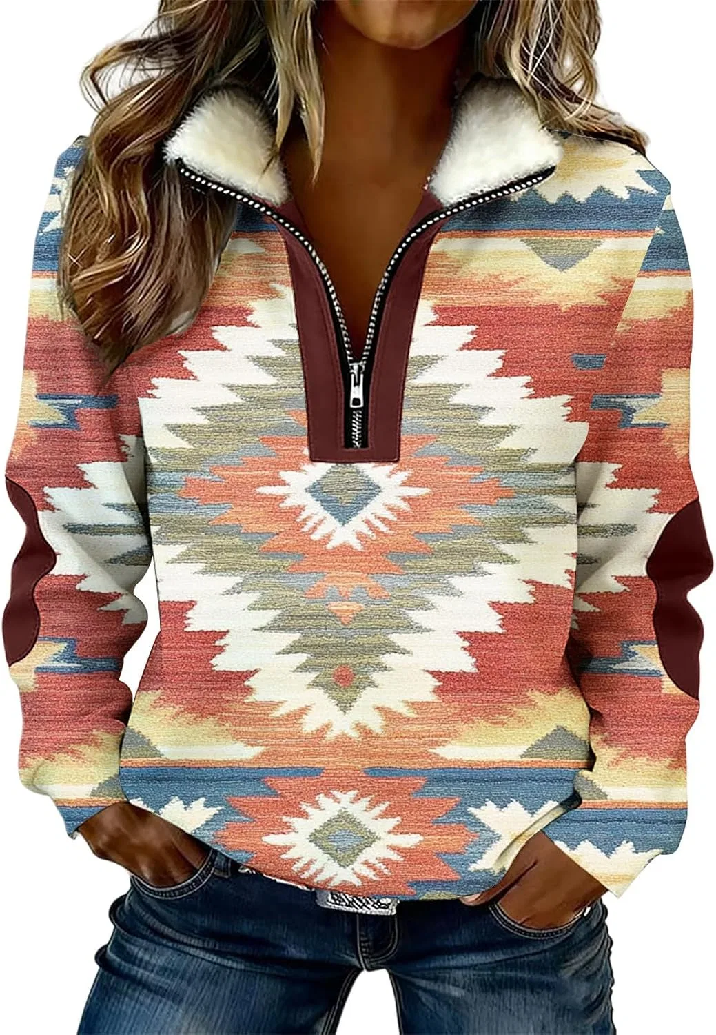 Женский свитшот с принтом, с воротником из шерпы, модель Aztec Print, мультиколор