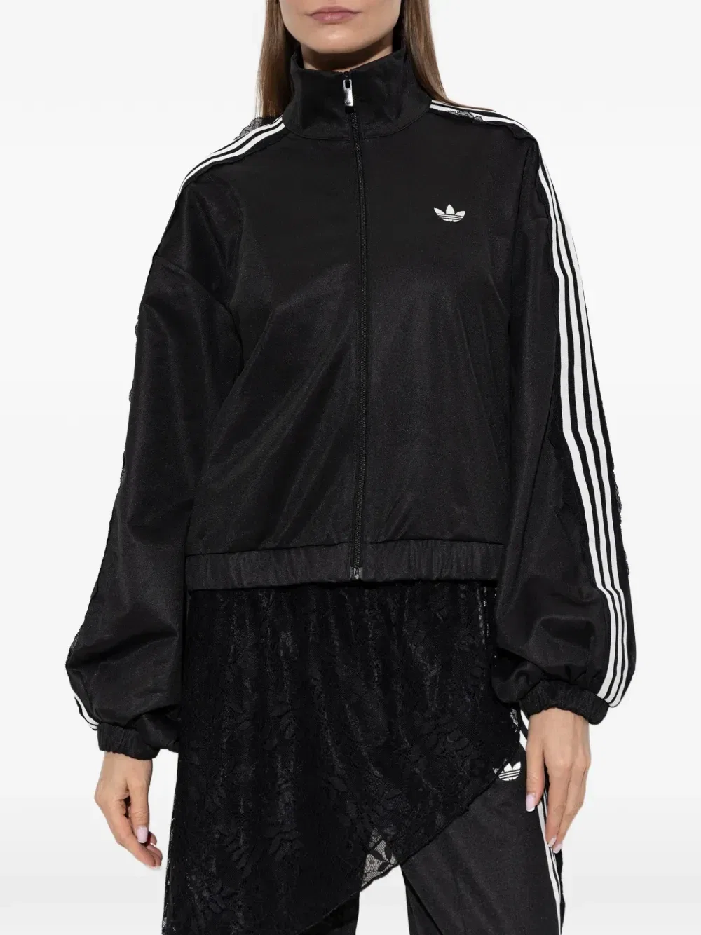 Толстовка на молнии с вышивкой логотипа и кружевной отделкой adidas, черный — фото 3