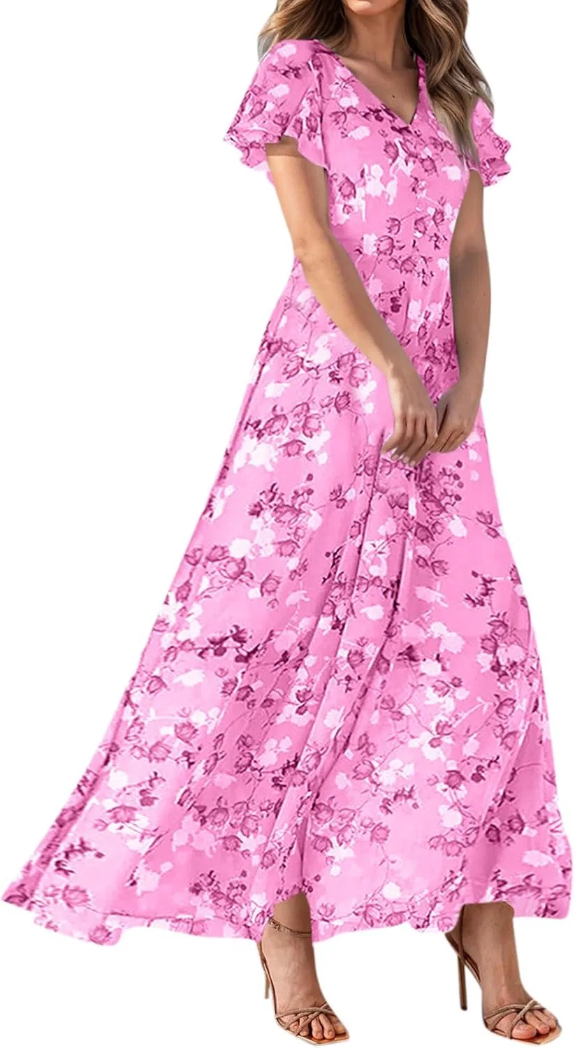 Женское летнее платье с V-образным вырезом богемное, A Hot Pink