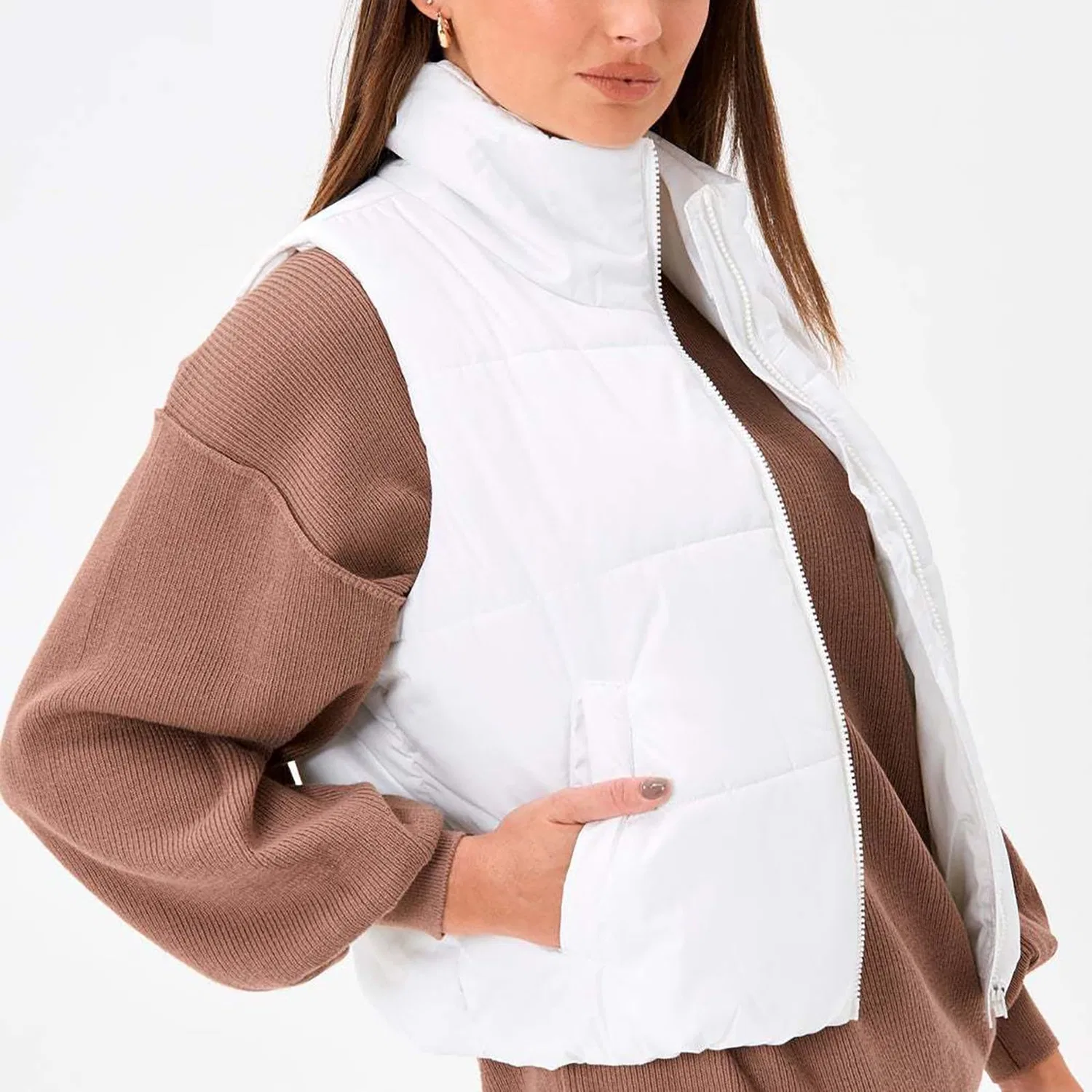 Женский удлиненный жилет без рукавов с воротником-стойкой, bianco — фото 4