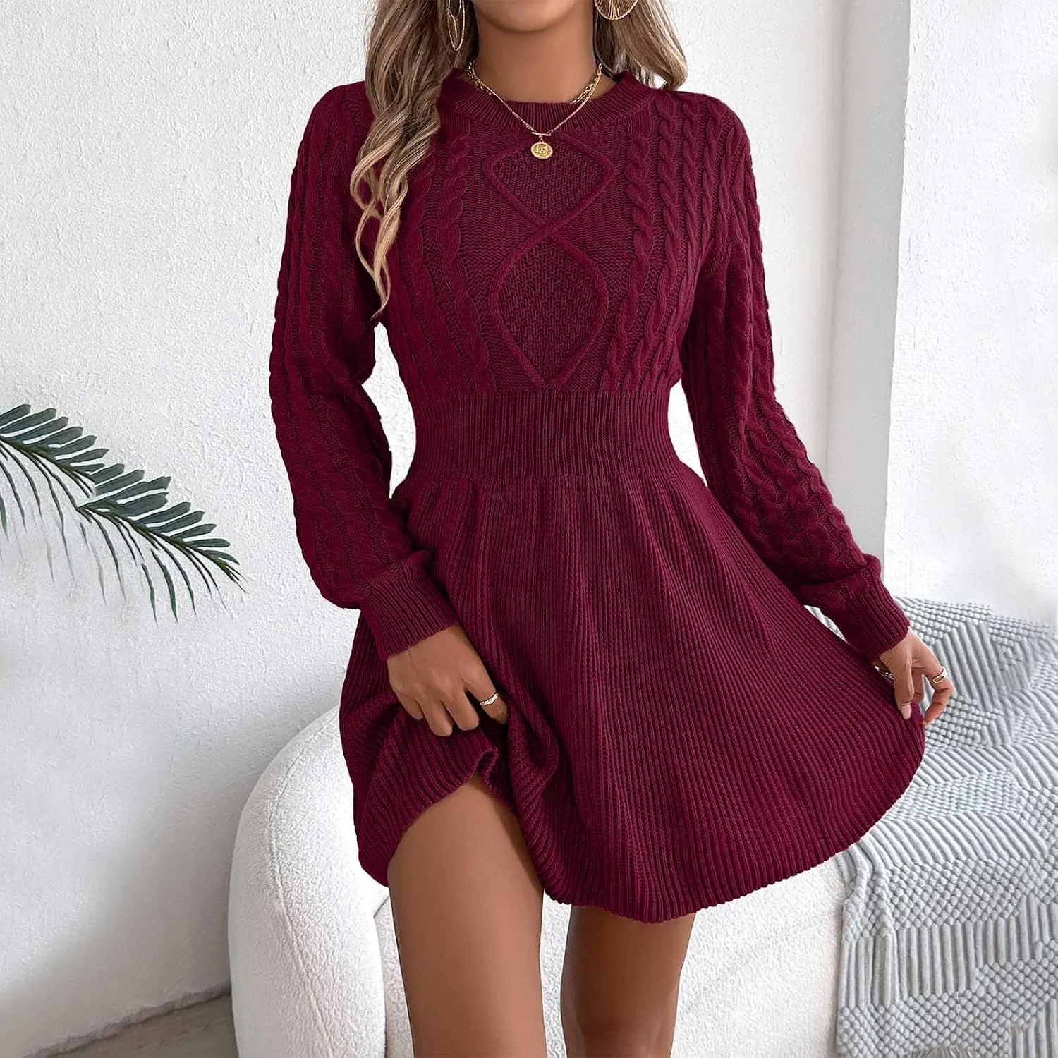 Женское платье-свитер с ребристой текстурой Casual Elegant, Red — фото 2