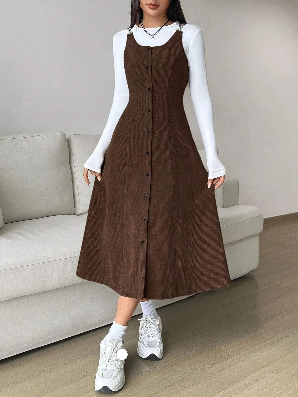 Женское повседневное платье миди A-силуэта с круглым вырезом, Coffee Brown — фото 2