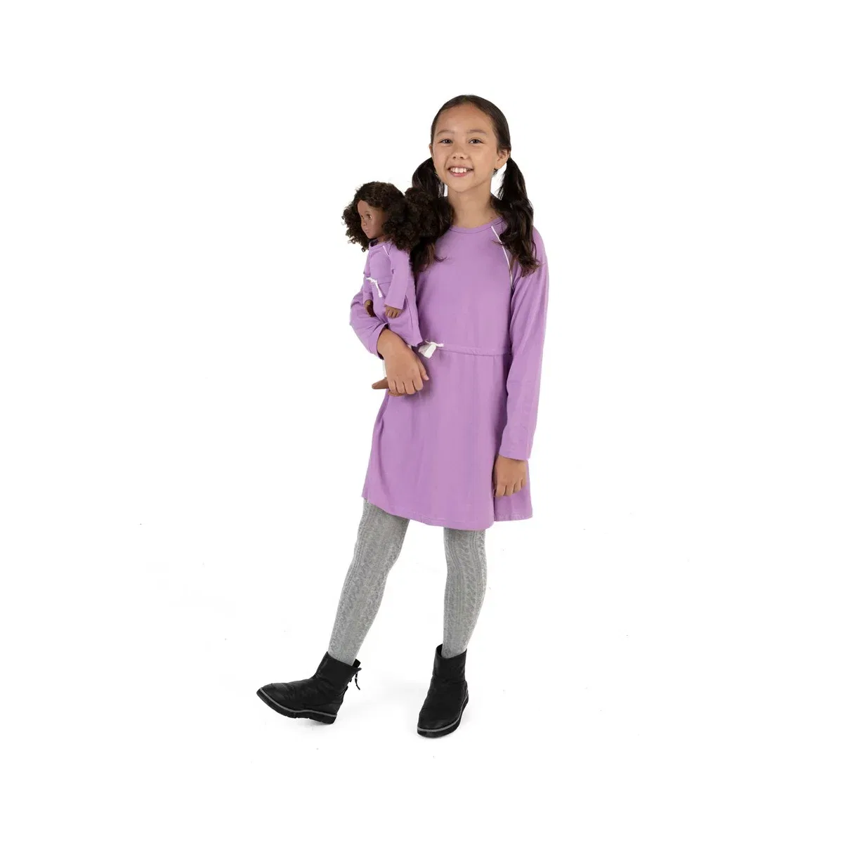 Детское платье для девочек с длинным рукавом Girl and Doll Bow Tie Dress LEVERET, Dark Gray — фото 4