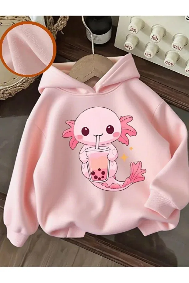 Детские свитшот для девочек с принтом Pink Cute Axolotl And Bubble Tea, Afri, Pink — фото 3