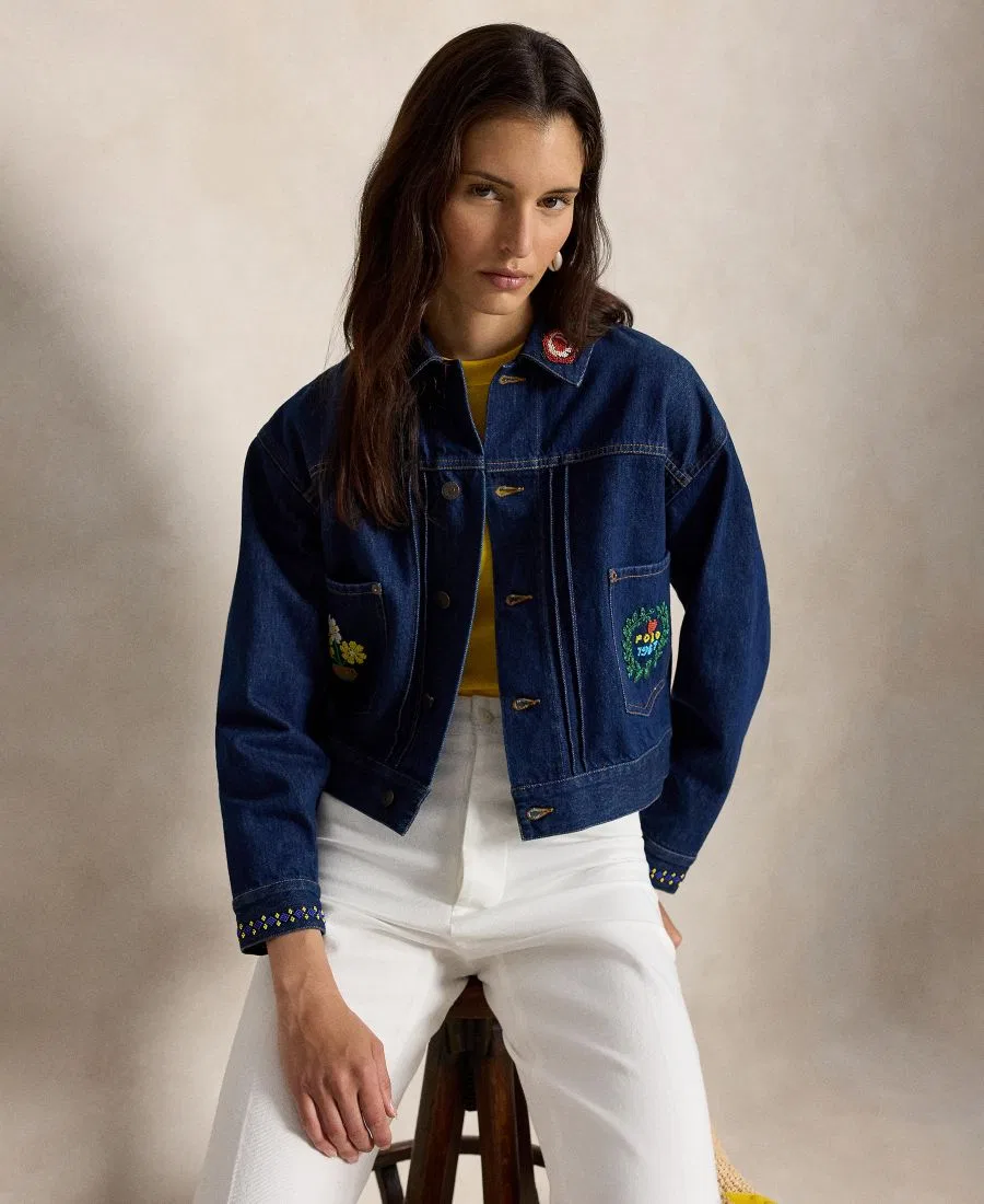 Женская куртка-джинсовка с воротником и бусинами, модель Spread Collar Beaded Denim Trucker Jacket Polo Ralph Lauren, Napola Wash — фото 3