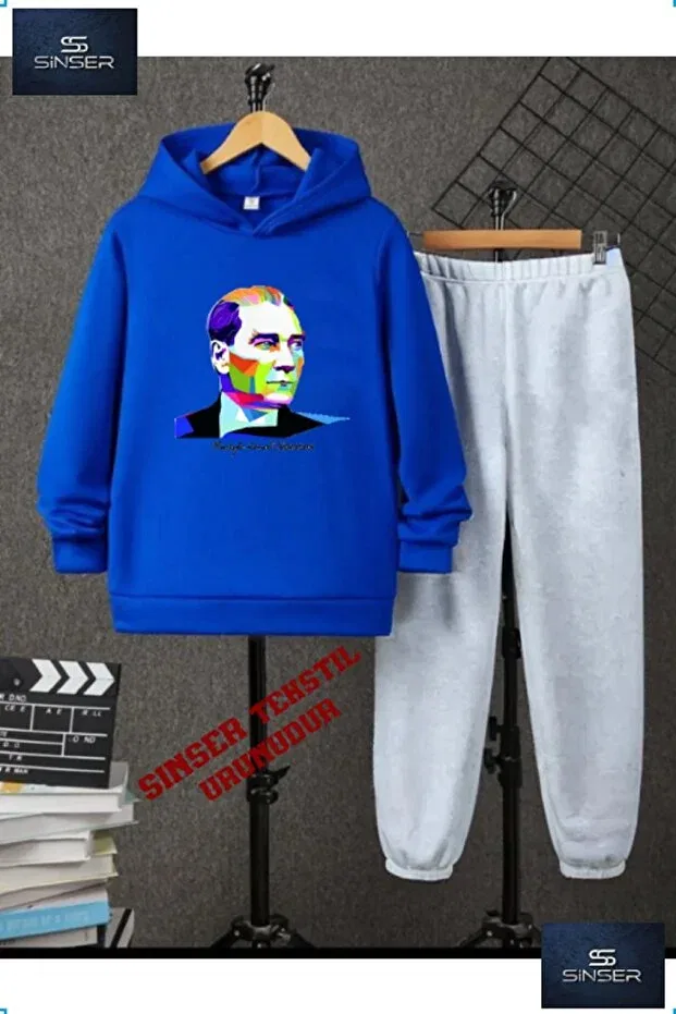 Детский комплект спортивного костюма для девочек с принтом Ataturk Colorful Geometric Ss Sinser, Blue/Gray