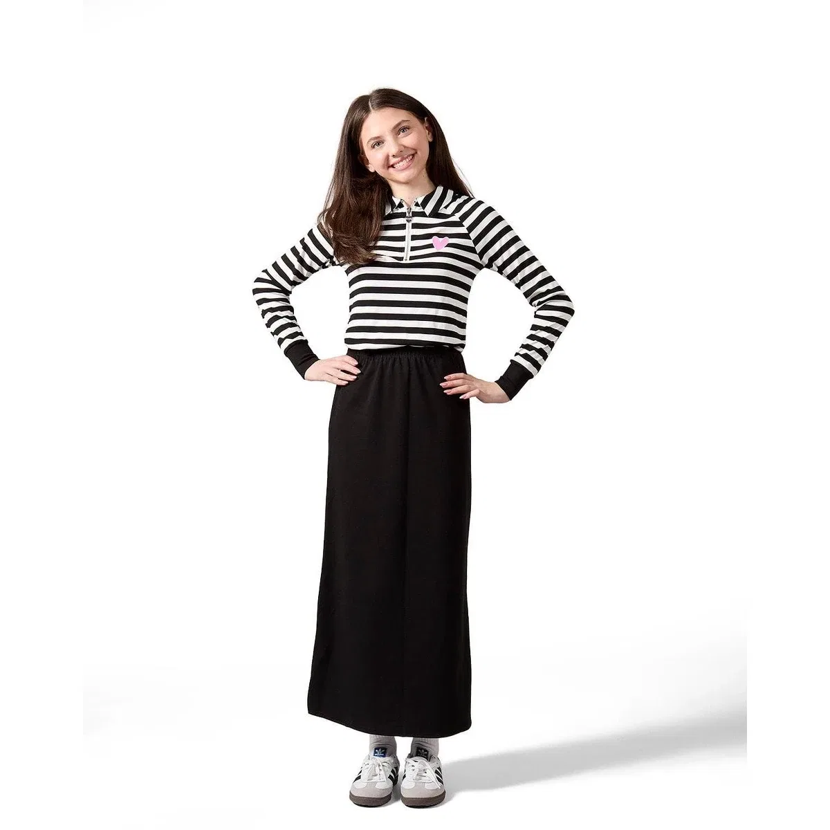 Детское платье для девочек с принтом MeMoi Girls Striped Mini-Ribbed Quarter Zip Long Sleeve T-Shirt ONLINE UNIQUE RTW MISSY, Black