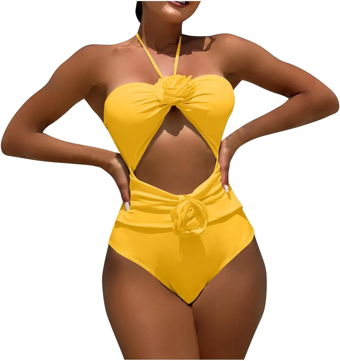 Женский цельный купальник с вырезами и 3D цветами, Yellow — фото 2