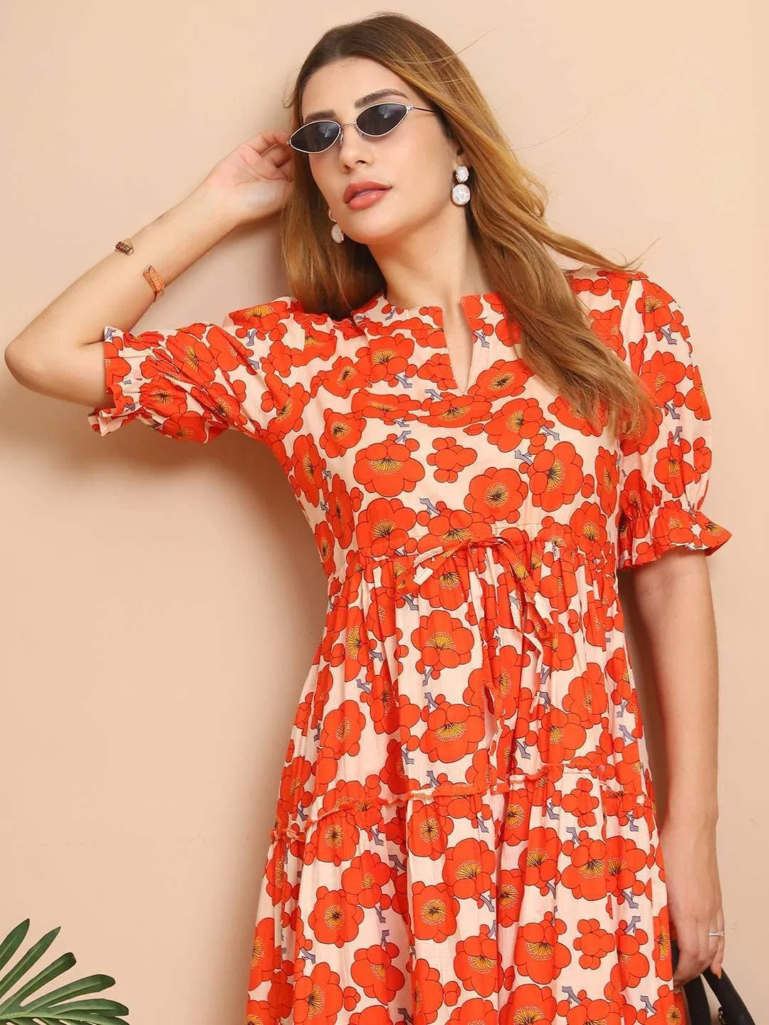 Женское хлопковое платье миди с принтом Rianshi craft, Orange Floral — фото 4