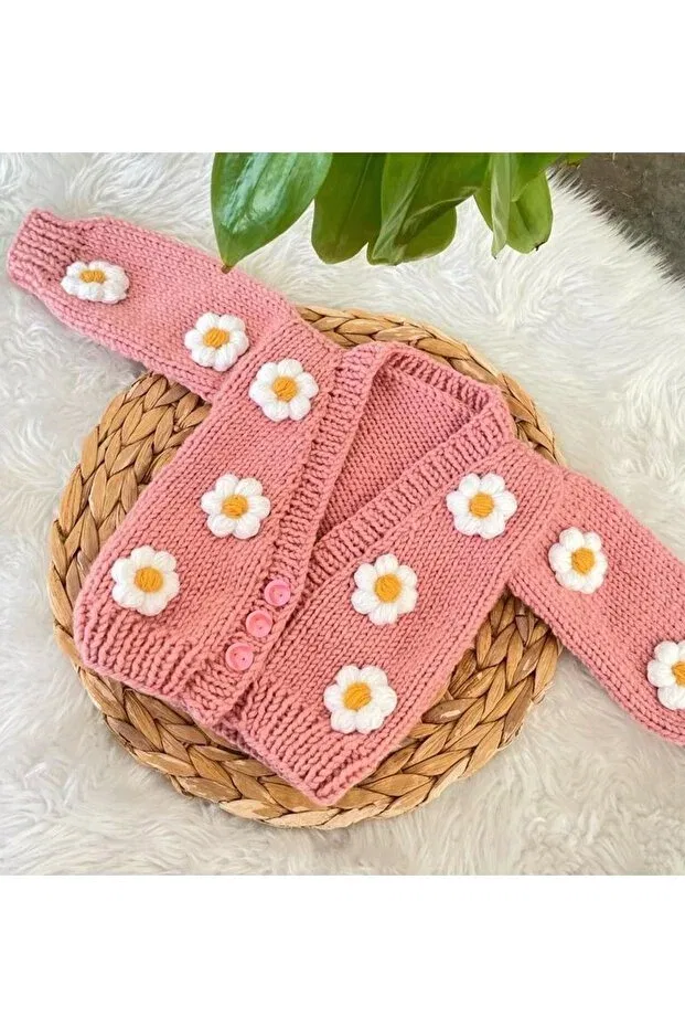 Детский вязаный кардиган для девочек с принтом Girl'S hand knitted crop cardigan with daisy flowers Akif Giyim, Multi-Colored