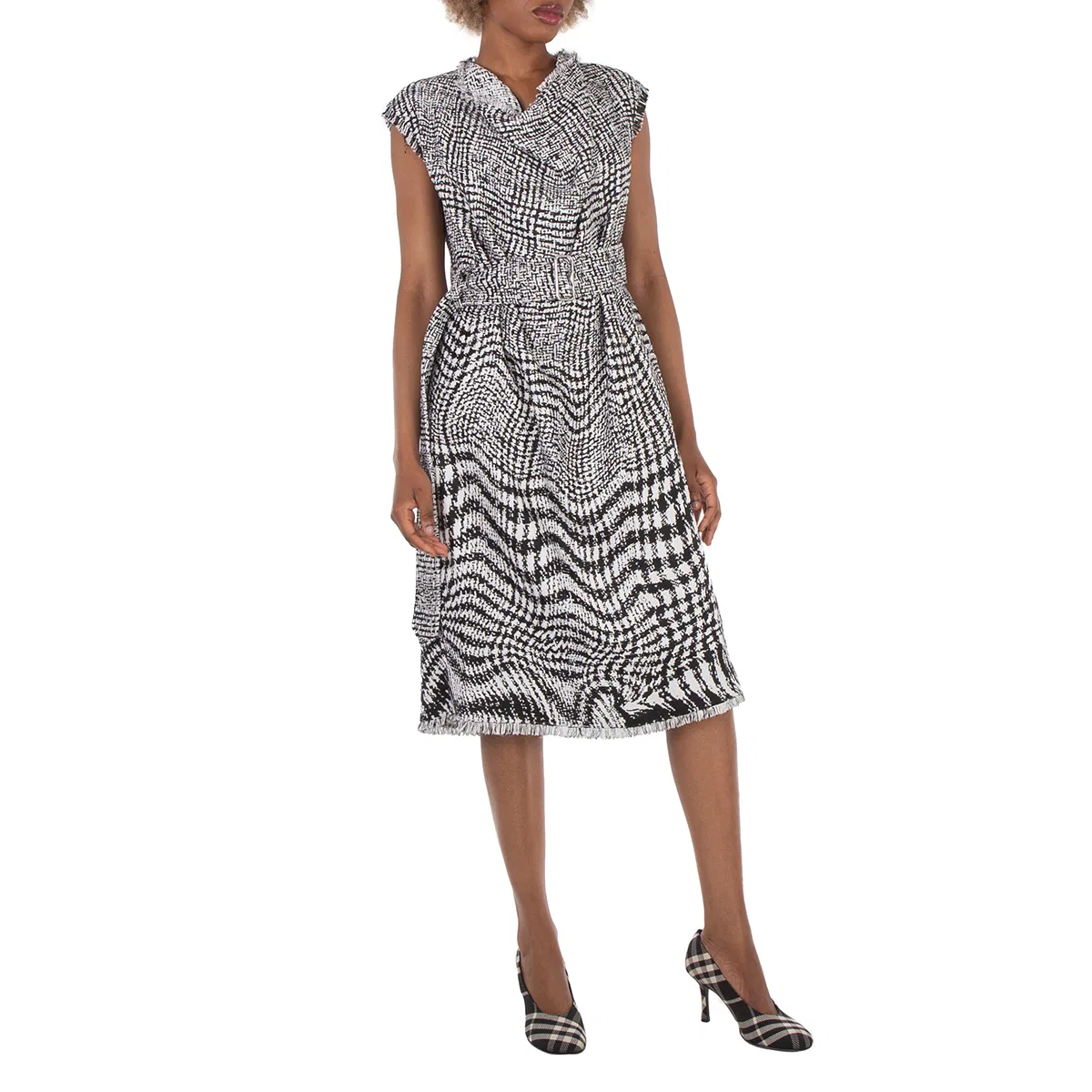 Платье из льняной смесовой ткани с принтом Warped Houndstooth Burberry, Monochrome Ip Pttn — фото 3