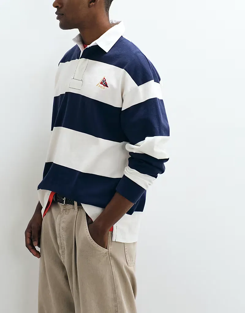 Футболка-поло Polo Ralph Lauren с логотипом в виде флага и полосками, свободного кроя, темно-синий — фото 4