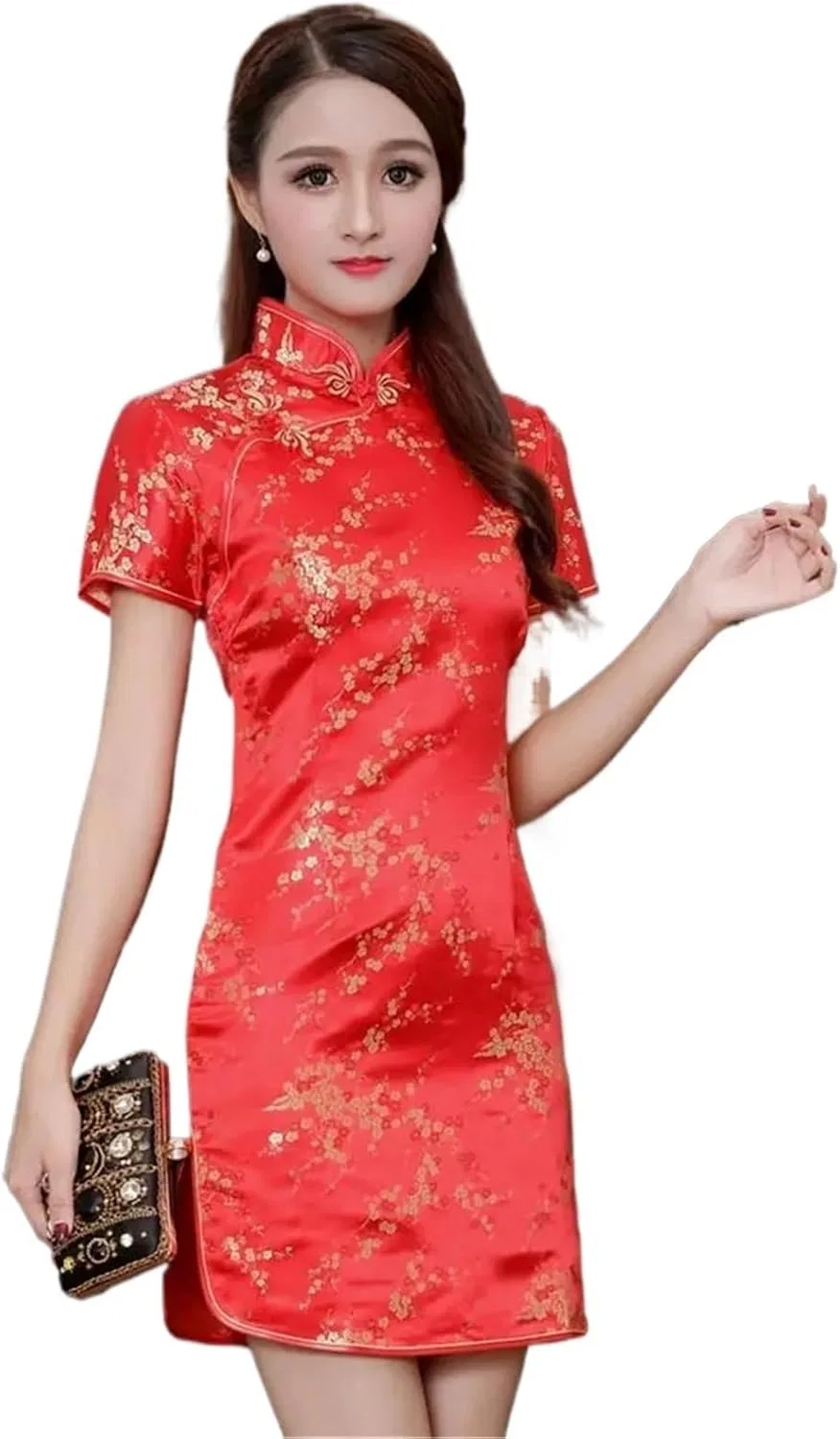 Женское платье-ципао с вышивкой дракона Satin, Red