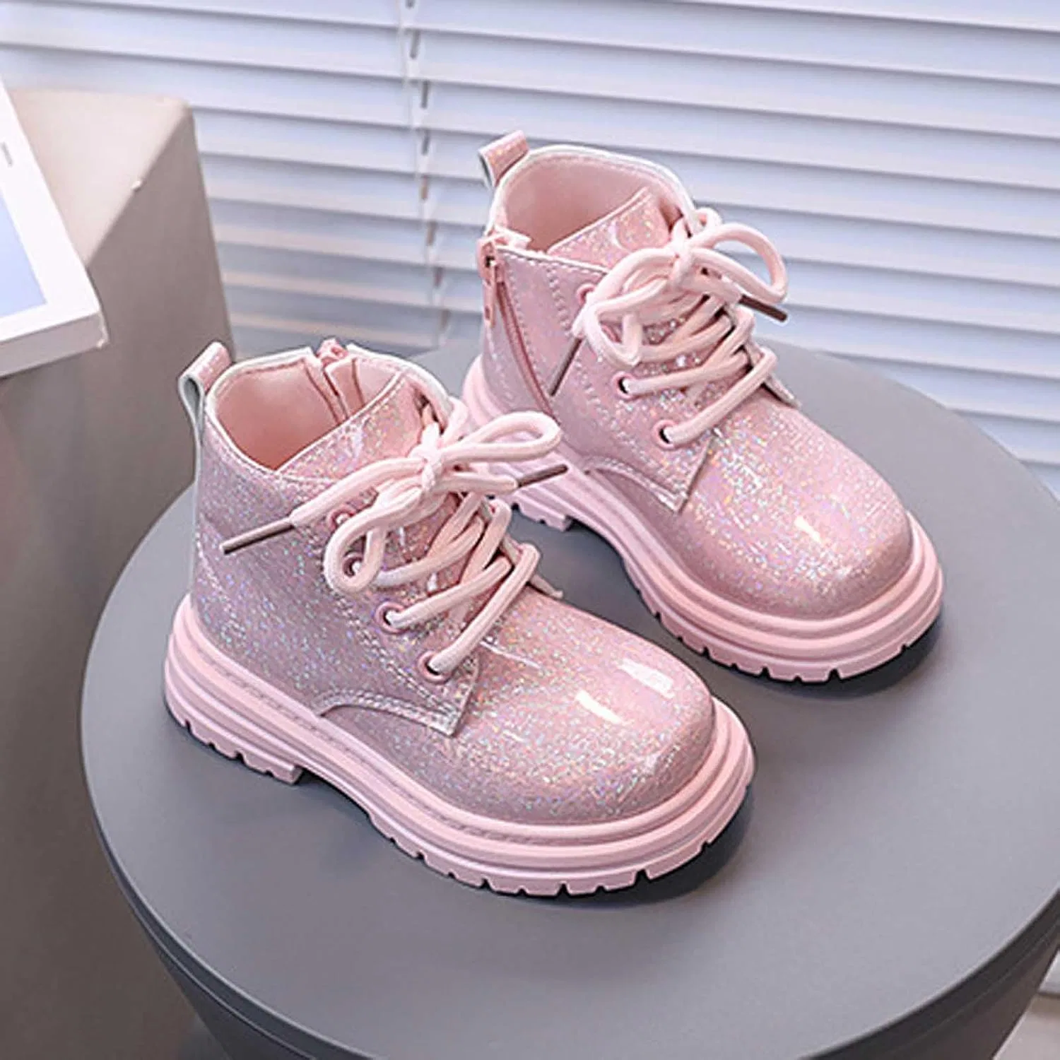 Детские ботинки для девочек на шнуровке с боковой молнией IWIHMIV, Pink — фото 3