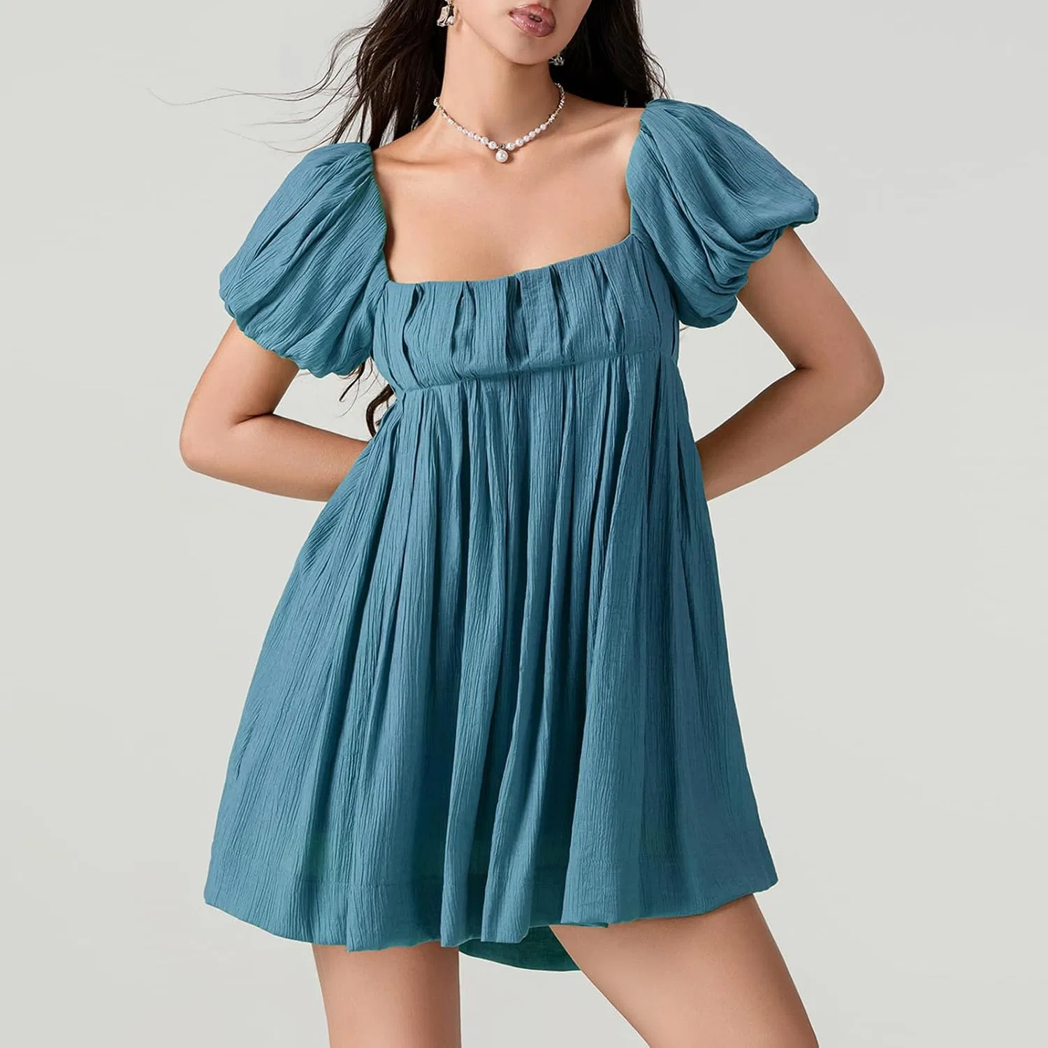Женское babydoll платье с короткими пышными рукавами, Peacock Blue — фото 4