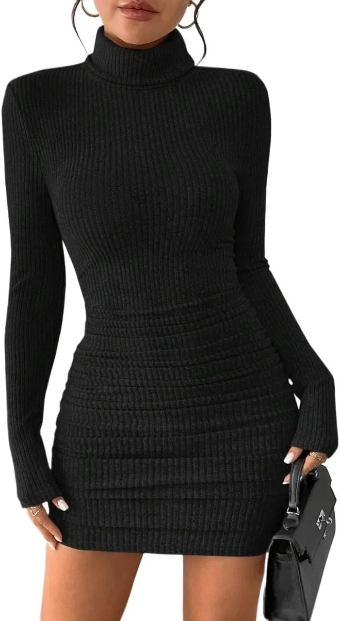 Женское облегающее мини-платье с высокой горловиной Bodycon, Black