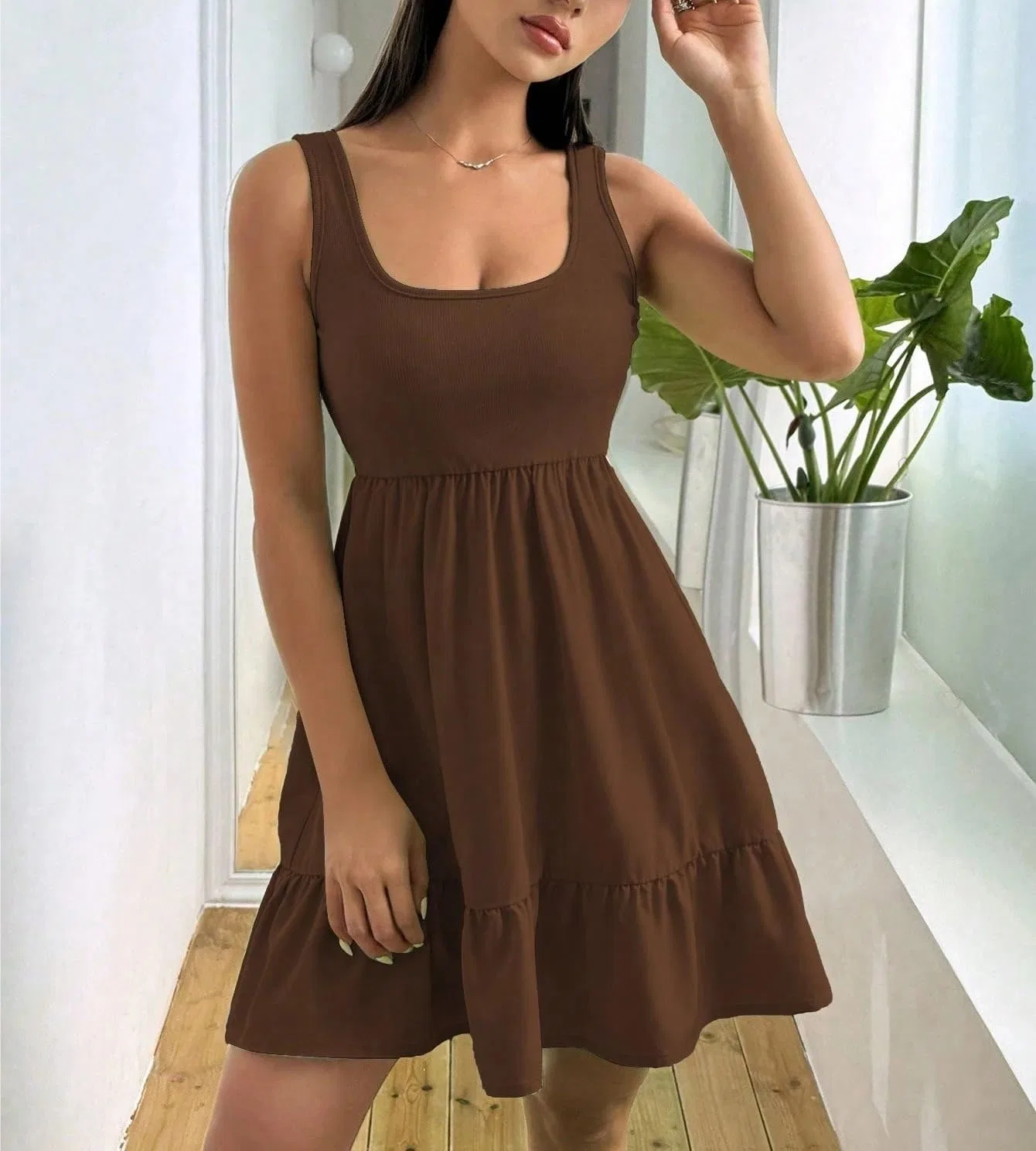 Женское повседневное платье с воланами A-силуэта, Coffee Brown — фото 4