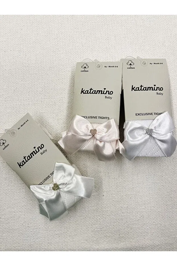 Детские колготки для девочек с принтом Pony Mesh Baby Pantyhose with Bow Detail Katamino, Nude Color — фото 4