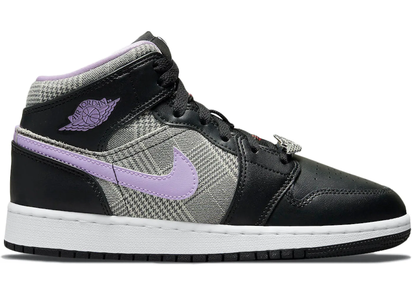 Детские кроссовки с принтом в елочку Jordan 1 Mid SE Jordan, Black/Lilac/White/Metallic Silver