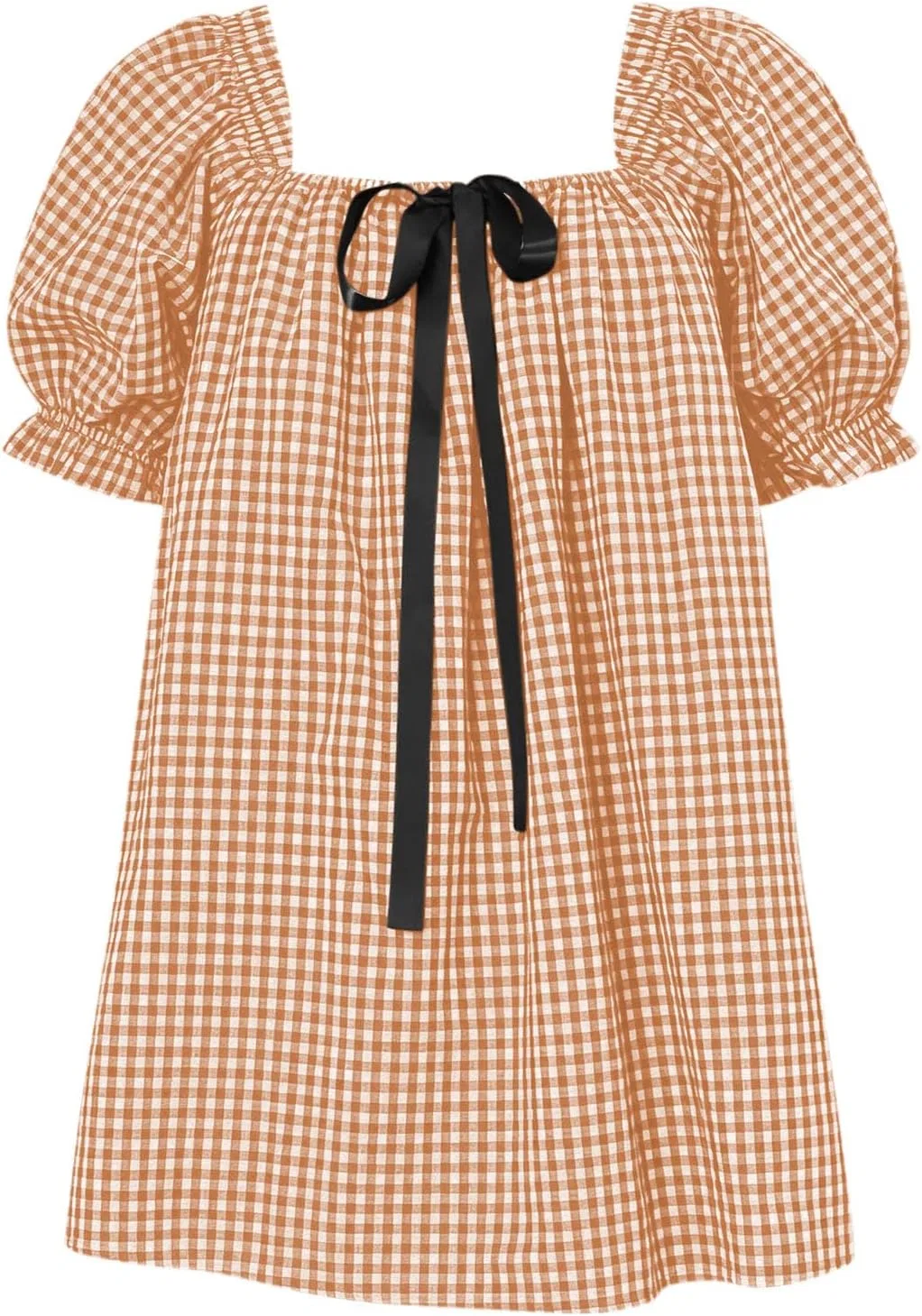 Женское мини-платье babydoll с клеткой и пышными рукавами, Khaki — фото 4