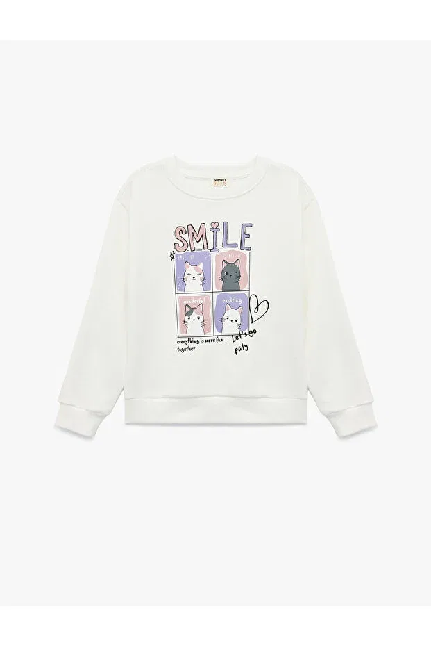 Детские свитшот для девочек с принтом Cat Printed Embossed Koton, Ecru