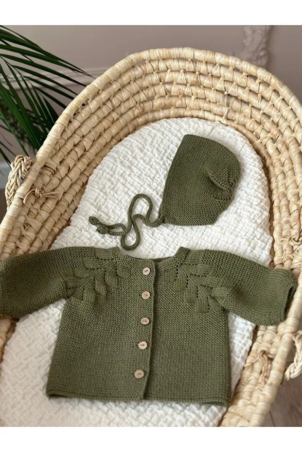 Детский кардиган с ажурным узором, комплект с шапочкой Hand Knitted Florijee, Green