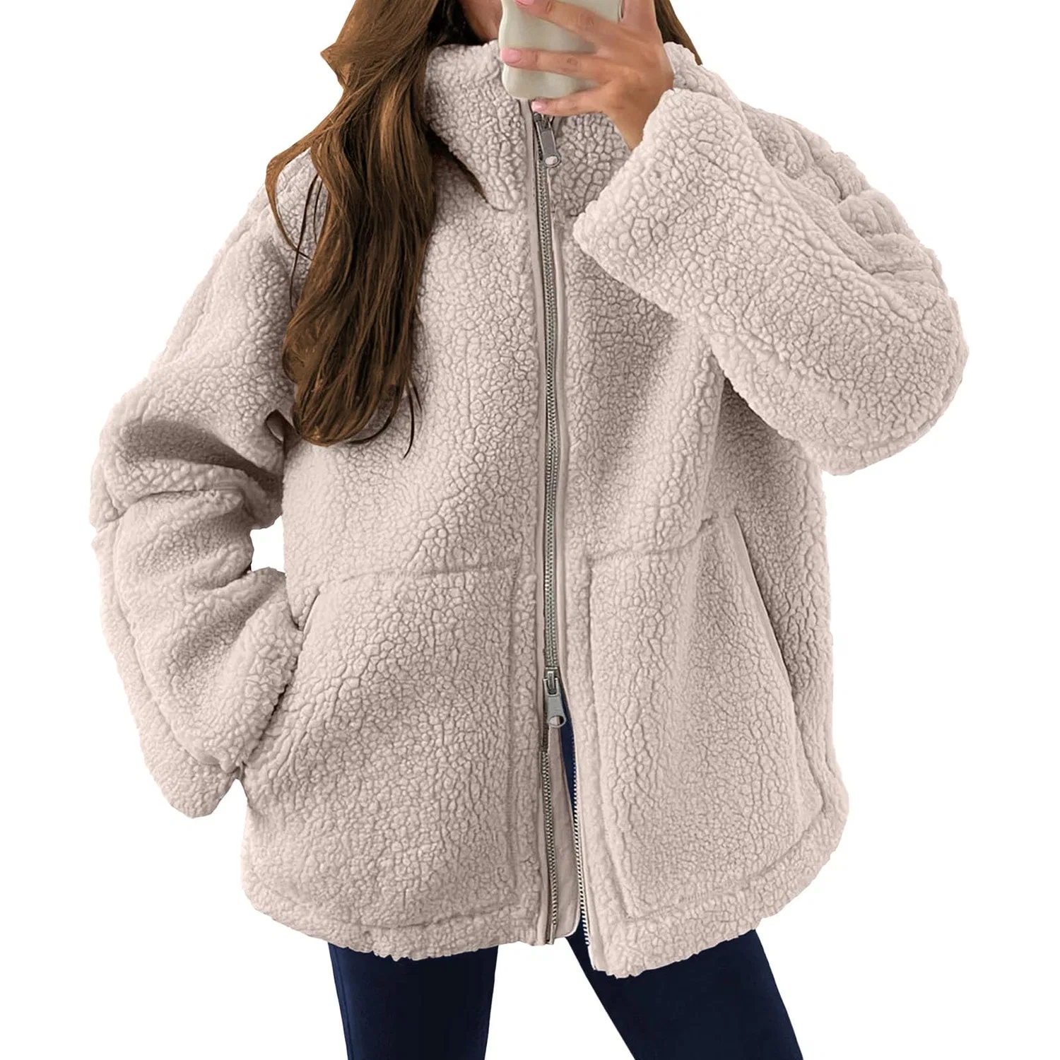 Женская куртка из флиса с молнией и воротником-шалью, Beige