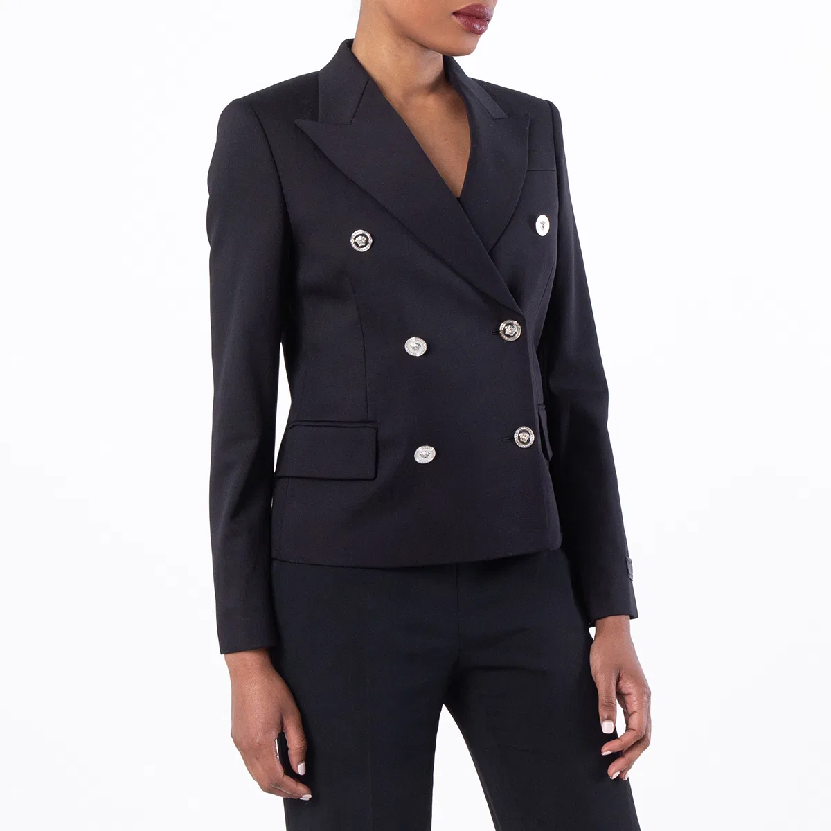 Жакет двубортный укороченный Crop Double-Breasted Wool Blazer Versace, Black — фото 2