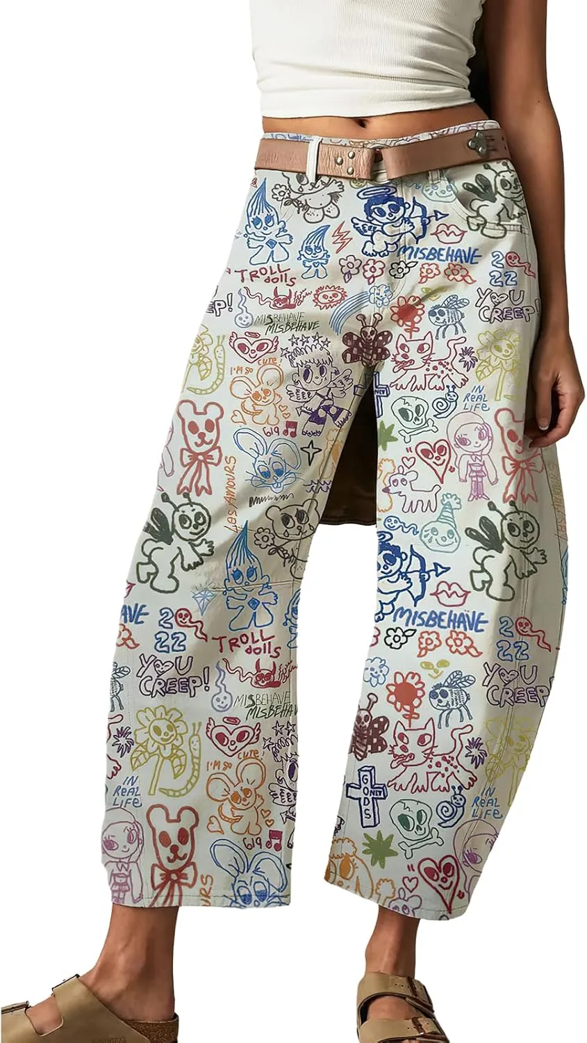 

ebossy Женские джинсы-бочонки с цветочным принтом Mid Rise Wide Leg