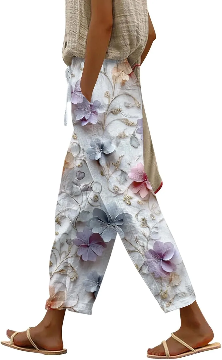 Женские брюки Casual из льна, летние капри на высокой талии, прямые свободные с карманами generic, белый