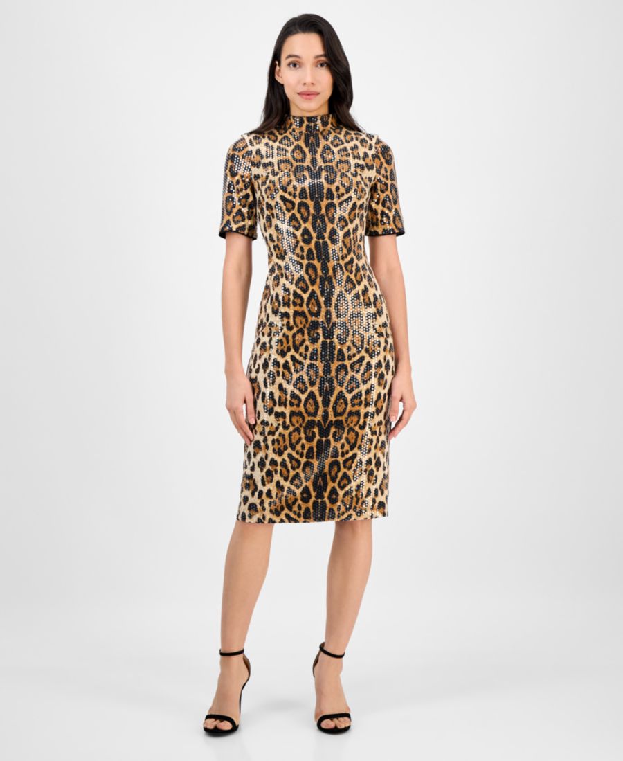 

Укороченное миди-платье с короткими рукавами и пайетками, с леопардовым принтом Anne Klein, Cheetah