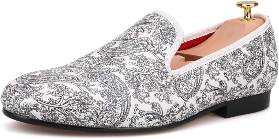 

Мужские белые повседневные лоферы HIHANN Paisley Prints с принтом пейсли, без шнурков, с круглым носком, модель «Smoking Slipper» Hi&Hann