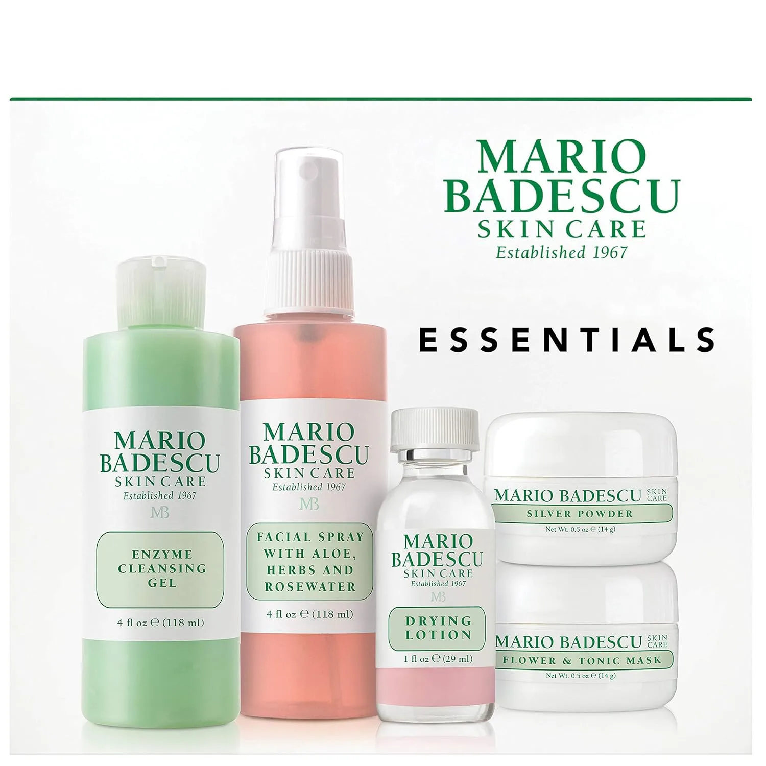 Набор Mario Badescu Essentials из 5 предметов: лосьон для проблемной кожи, розовая вода, серебряный порошок, очищающий гель и маска Набор из 5 штук