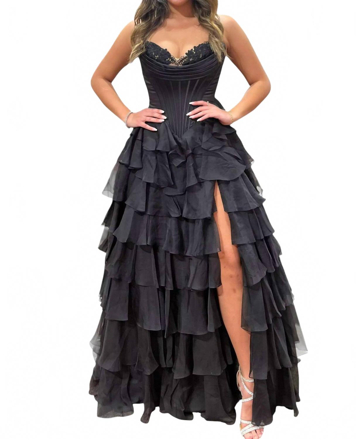 

Черное выпускное платье с рюшами из шифона без бретелей Sherri Hill