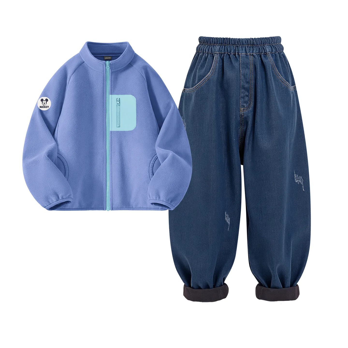 Детская спортивная одежда с воротником стойкой на флисе Disney, [Thickened and Fleece-Lined]Dichi Medium Round Hook-and-Loop K Coral Blue+Solid Color Denim Blue