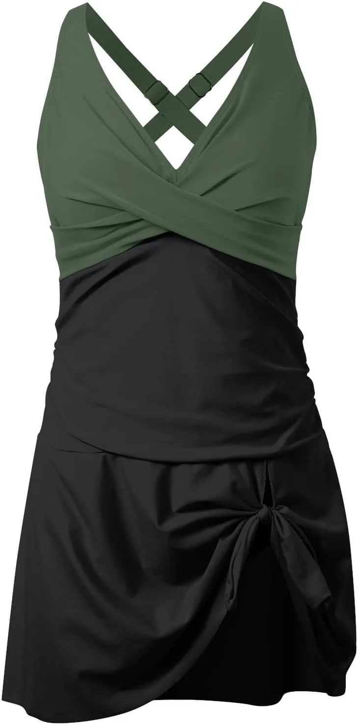 Купальник-платье для женщин Plus Size с контролем живота, скрученным передом и плиссированной юбкой Generic, зеленый — фото 4