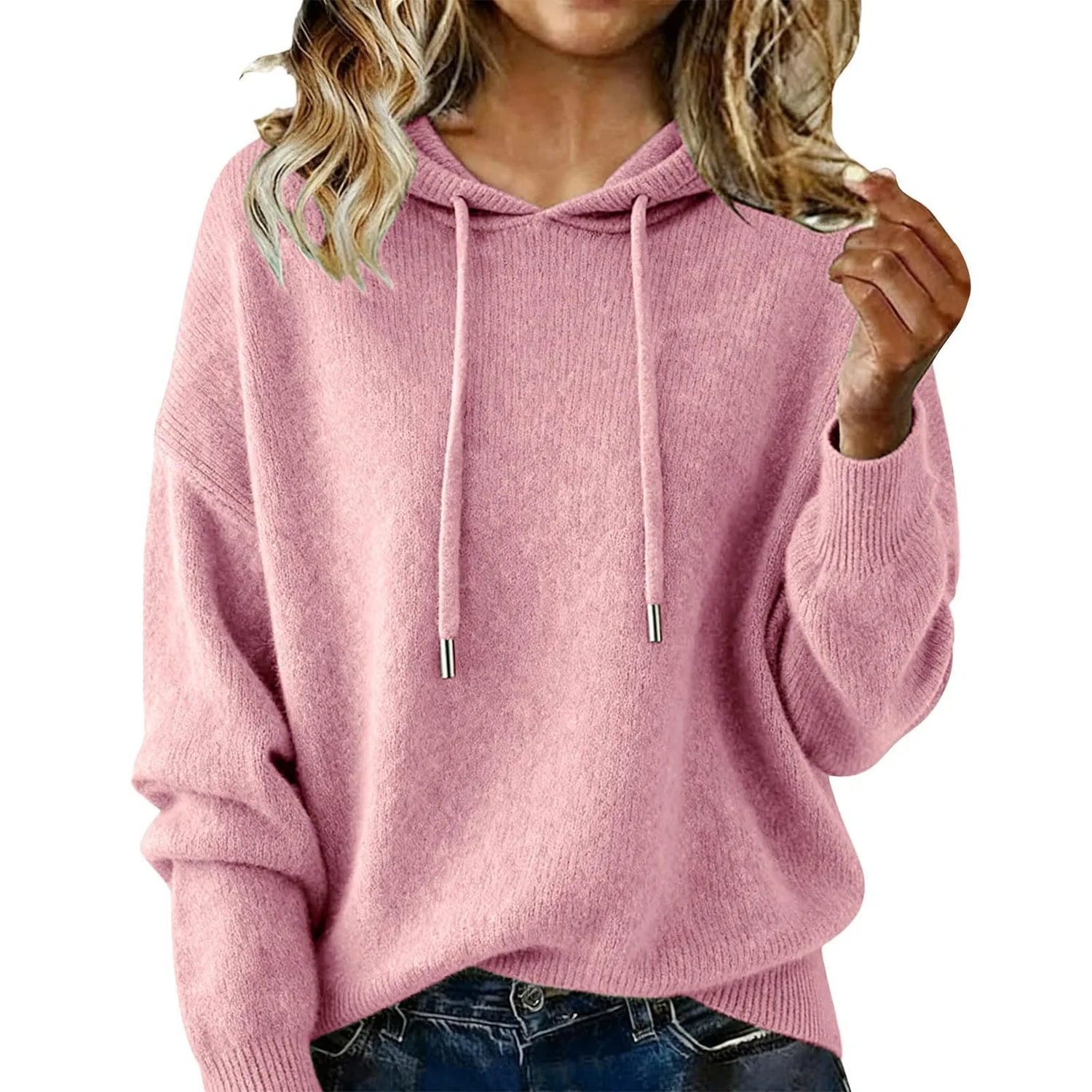 Женский свитер с капюшоном и длинным рукавом из кашемира, Pink