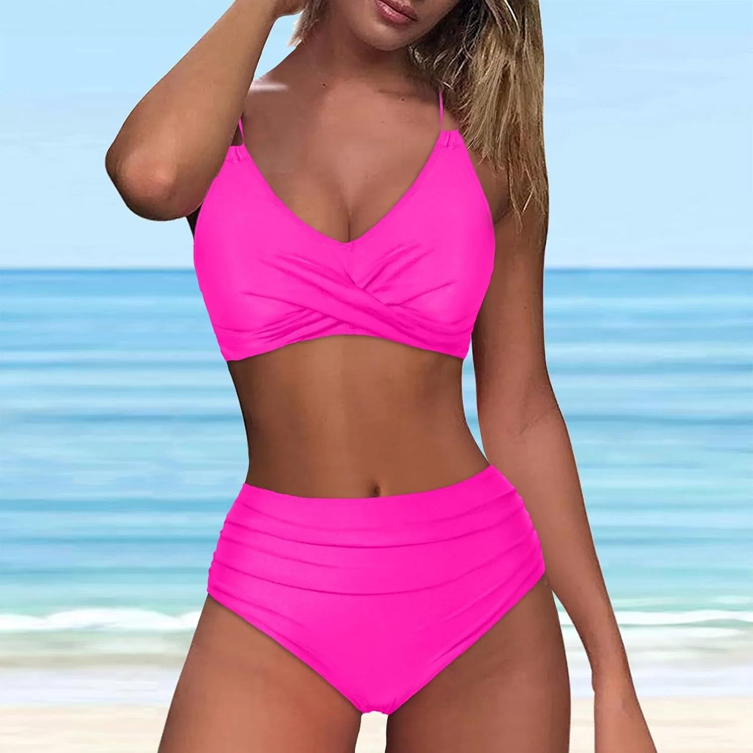 Женский бикини-сет с завышенной талией и перекрестным топом, Hot Pink — фото 2
