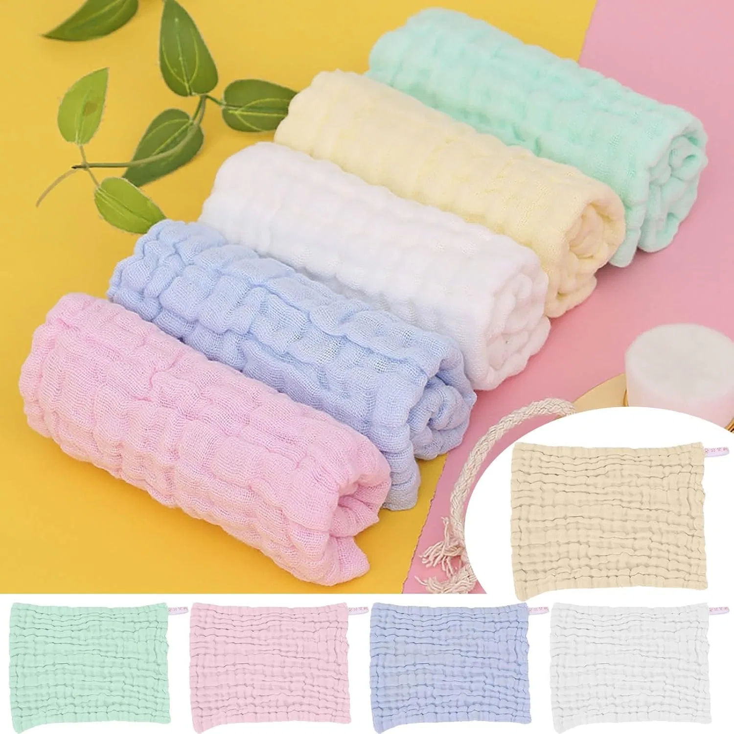 Муссиновые хлопковые мочалки для лица, 5 шт, 12x12 см, Pink Generic — фото 2